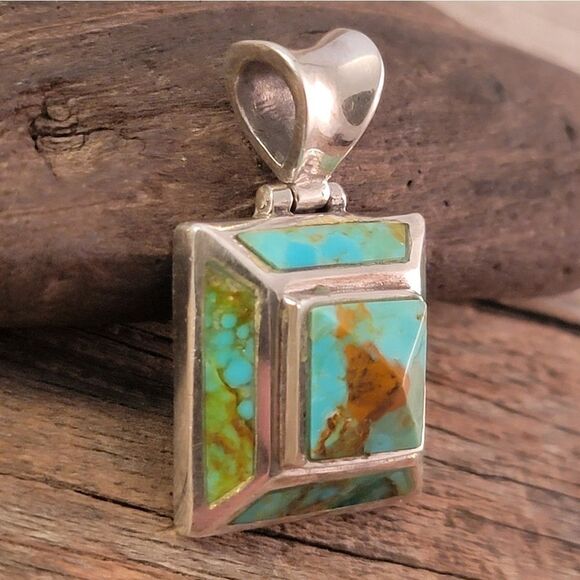 Sterling Gold Matrix Blue Green Turquoise Pyramid Pendant - Picture 4 of 9